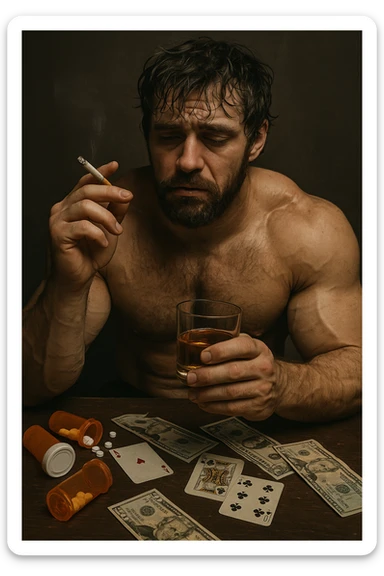 vertical realistic image of a bodybuilder with cigarette, glass of alcohol, and other symbols of vices, tired or unkempt expression, 2:3 aspect ratio sticker
