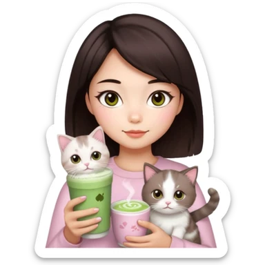 asian girl with short dark brown hair and dark brown eyes with a soft girl pink glowup aesthetic, matcha latte, 2 ragdoll cats, and sparkles sticker