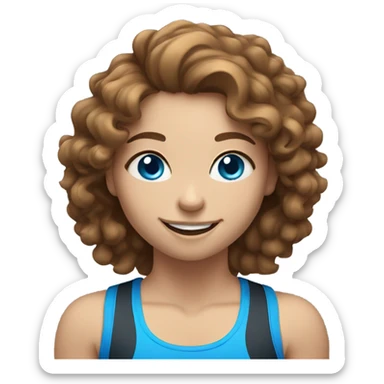 smiling girl weightlifting with fair skin, long brown curly hair and blue eyes sticker