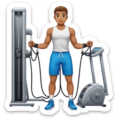 athlete standing next to cable-machine with cable tied to ankle cuffs sticker