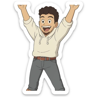 1 male, mid fade haircut dark chestnut brown curly hair, toasted lightskin, white hoodie sleeves up, gray fashion jeans, red fashion-sneakers shoes, red belt, short trimmed beard and goatee,  style of deku from "my hero academia",  doing a pose for a "happy" emote for twitch sticker
