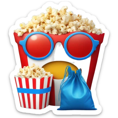 Emoticon smiley circle with red and blue 3D glasses and small bag of popcorn to the side sticker