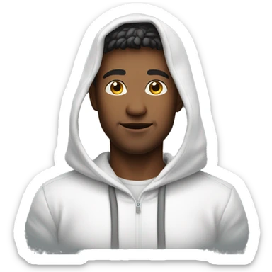 An emoji of a handsome man wearing a white hoodie, with the hood down, showing his hair, and standing confidently with a relaxed expression sticker