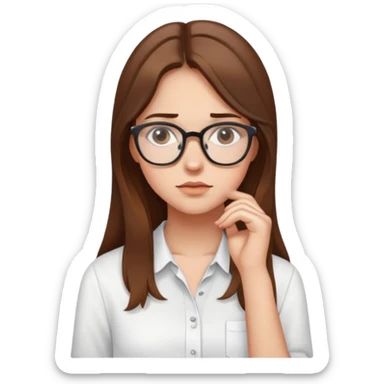 thoughtful girl with glasses, long brown hair, wearing a white shirt sticker