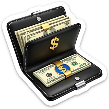 Rich emoji style black leather wallet with dollar bills, luxury money vibe, premium 3D emoji, ultra clean, high detail, no background sticker