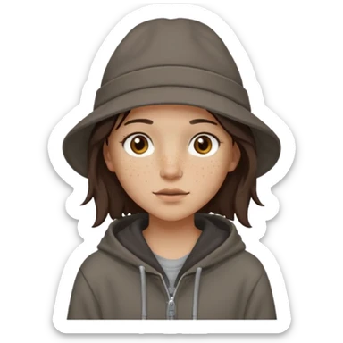 Hobo tomboy with light skin, freckles, shoulder-length center-parted dark brown hair. brown eyes, dark dull brown hoodie, grey shirt. Flat brimmed hat sticker