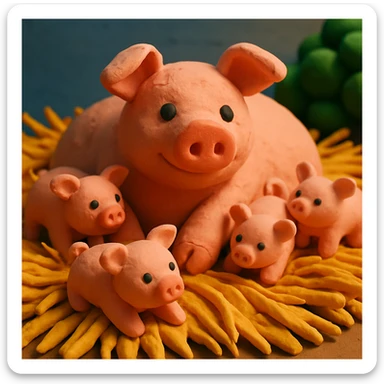 claymation style mother pig lying in straw with piglets around her, soft lighting, vibrant and cute sticker