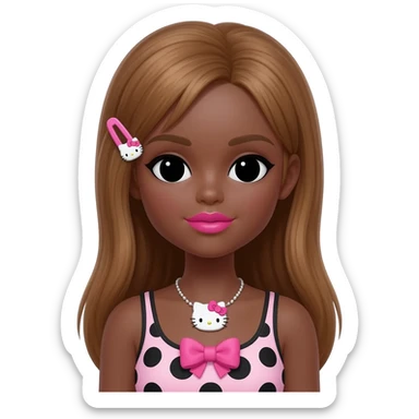 my melody hairclip, Doll faced shaped, hello kitty necklace, bimbo, black doll eyes, Big lips barbie, long dark brown skin with honey brown hair, bimbocore outfit light pink and black polkadots tank top with designed pink bow on it sticker