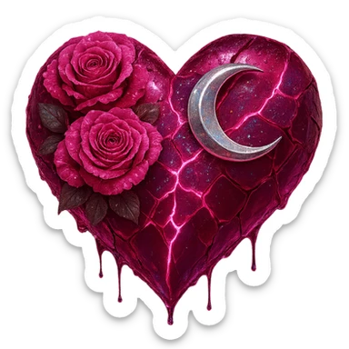 Edit the gothic heart to feature splintered deep pink glass, silver crescent moon, pink roses, holographic stardust, neon lightning, and a wet look. Keep the background transparent. sticker