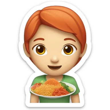 Red hair Asian with food sticker