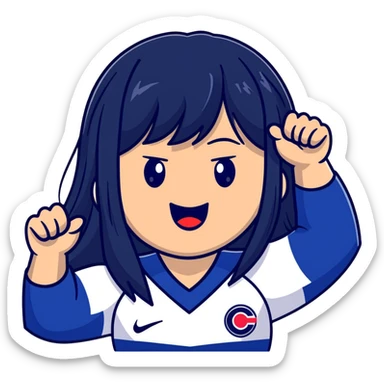 East Asian woman with long black straight hair and bangs wearing Doosan Bears team colors navy blue and red, cheering sticker