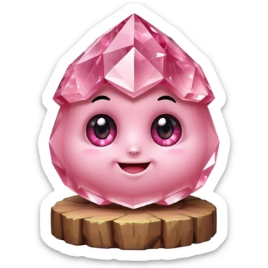 A single cute pink crystal cluster character, chunky round base with many tall rose-pink crystal quartz cluster, faceted and slightly imperfect, on the front of the base a kawaii face with big shiny eyes and a happy open smile very shiny sticker