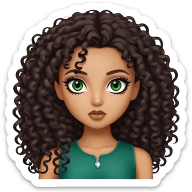 curly long dark brown hair, tan skin,  dark green iris, pretty bratz baddie, black eyeliner sticker