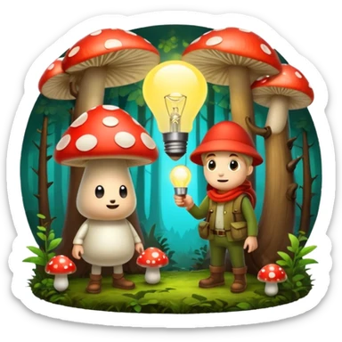 forest character with glowing lightbulb mushroom idea moment sticker