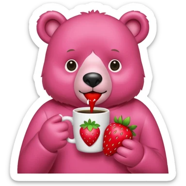 A pink bear is holding a strawberry and drinking coffee with a transparent background in a teenager hand-drawn style. sticker