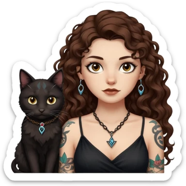woman with long curly brown hair, brown eyes, white skin, tattoos, black cat wearing tiny rune necklace judging everyone sticker