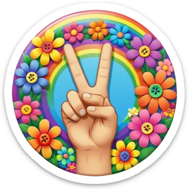 A round psychedelic colored button with a hand making the peace sign in the center surrounded by rainbow colored hippie style flowers sticker