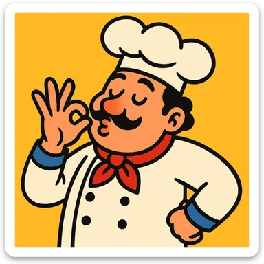 chef making a kiss gesture, fingers to lips, playful, cartoon style sticker