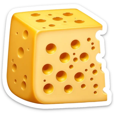 A 3D cartoon wedge of yellow cheese with round holes, bright tone, soft shadow, Memoji-style. sticker