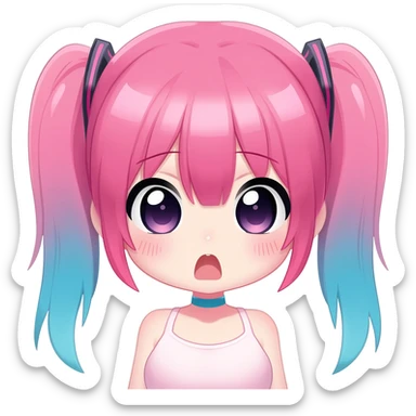 cute anime girl chibi, pink and blue twin tails, lewd expression sticker