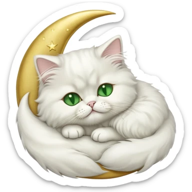 White Persian cat with green eyes sleeping on crescent moon  sticker