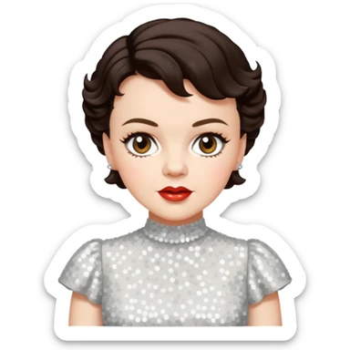 Judy Garland with short dark brown hair, white sequin dress sticker