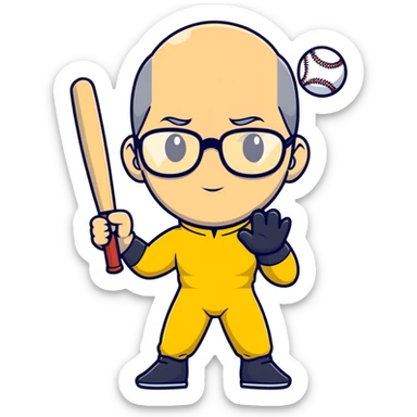Steve Jobs with glasses and black turtleneck under Bruce Lee yellow jumpsuit, holding baseball bat and ball sticker