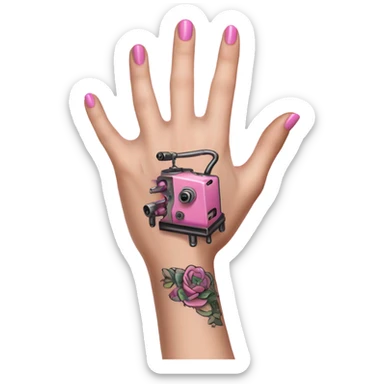 White girl hand with pink tattoos holding a tattoo machine sticker