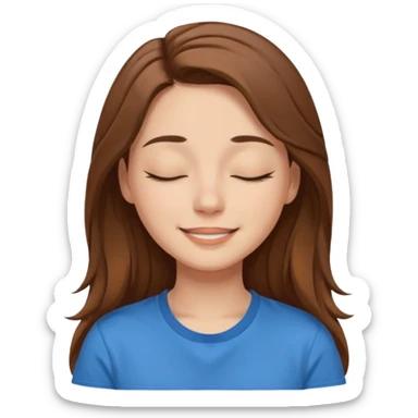 female face smiling with closed eyes with long brown hair and brown eyes in a blue t-shirt sticker