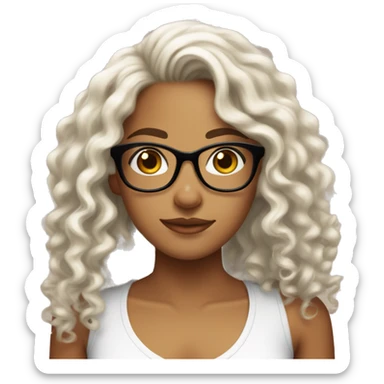 a girl, tan skin and long curly hair, pretty, with glasses and with a white tube top sticker