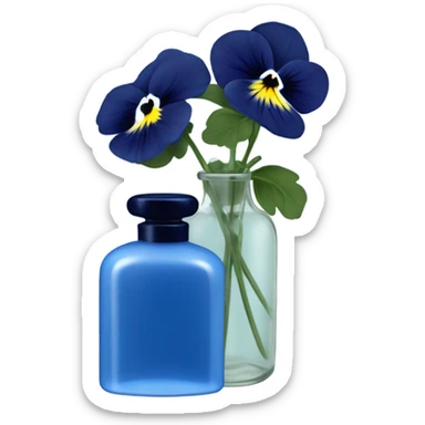 Decorative blue candle in a glass jar and in the back are navy blue pansies and a blue vintage-style perfume bottle  sticker