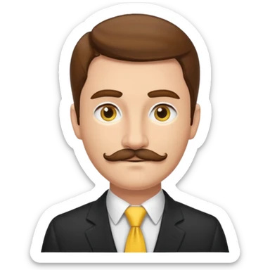["Fair-skinned man with brown hair and thin moustache, wearing a suit and yellow tie."] sticker