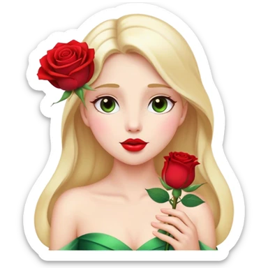 Cinematic Elegant Aurora Portrait Emoji, Delicately holding a single red rose, gazing with soft wonder, lips gently parted as if about to sing, the picture of grace and elegance, glowing with royal charm! sticker