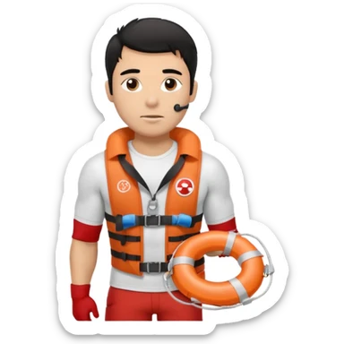 Dark Tan Muscular lifeguard with messy black hair with whistle and life preserver sticker