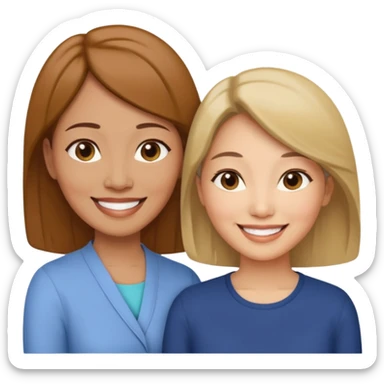 Middle aged light brown skinned woman beside a middle aged asian woman smiling looking young sticker