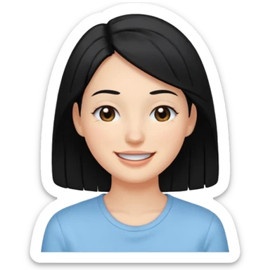 검정 긴머리에 청순한 직장인의 모습 웃고 있으면 좋겠어 하늘색 셔츠를 입으면 좋을 거 같ㅇ다  눈동자도 검정색 이빨은 보이지 않게 미소만 띄우면 좋겠어  sticker