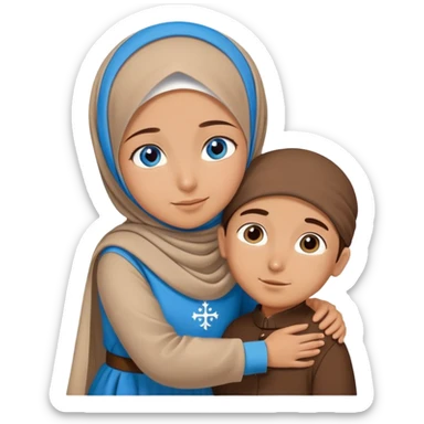 Turkish beautiful finish Konya girl blue eyes with brown beige hijab islamic dress and hugs with big boy brother  sticker