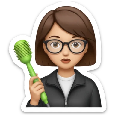 Girl lightskinned short brown hair with glasses a comb in one hand and a blower in the other  sticker