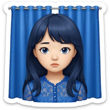 Long hair asian girl with curtain bangs with a blue lace top on with sad expression sticker