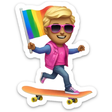 Gay Ryan Rivel with pride flag wearing pink with sunglasses on a skateboard sticker
