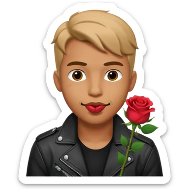 bad boy man with a rose in his mouth, mischievous eyes, wearing a cool jacket sticker