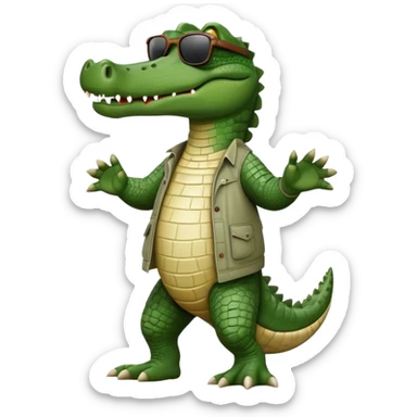 friendly anthropomorphised crocodile in casual clothing, wearing dark sunglasses, walking upright, standard pose sticker