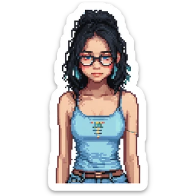light brown girl with long eyelashes, black medium hair, clear glasses, cute light blue tank top with spaghetti straps, pixel art style sticker