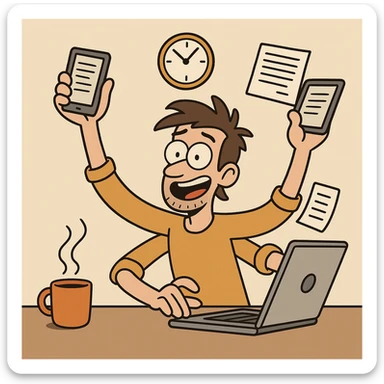 a freelancer juggling multiple tasks, energetic style sticker