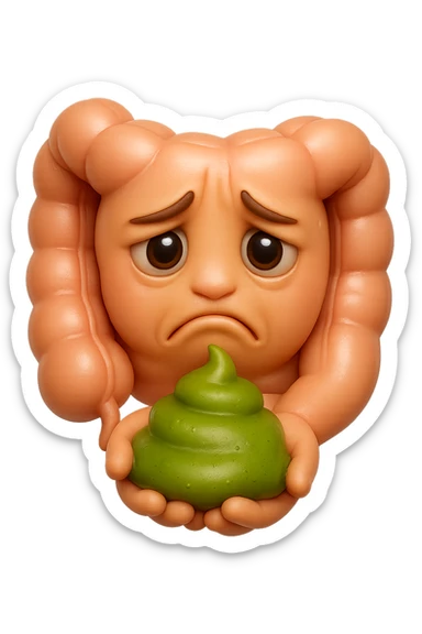 emoji stile iphone 3d di un intestino con espressione triste con cacca verde e liquida in mano , iperrealistiche 4k sticker
