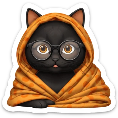 Black female cat on computer, long eyelashes, straight black hair, round glasses and she wears a blanket with an orange pattern sticker