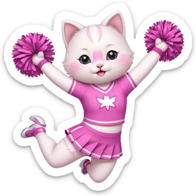 A cute chubby white kitten cheerleader in pastel uniform jumping in cheer pose. sticker