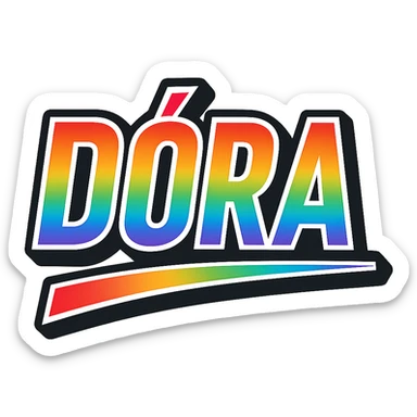 The name 'Dóra' in modern, precise Hungarian letters with a rainbow gradient fill, extra thick white outline, dark contour, transparent background, dynamic and slanted underline, in the style of the sample images. sticker