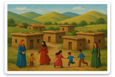 کوردی rural village scene, small Kurdish village with mud-brick houses, women in colorful dresses, children playing, hills in background, peaceful atmosphere sticker