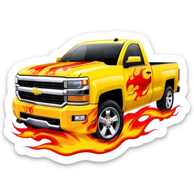 Yellow Chevrolet Silverado with elaborate airbrushed red flame pattern on hood and front quarter panels, screen-accurate Kill Bill truck artwork, 30-degree angle, iOS emoji style sticker